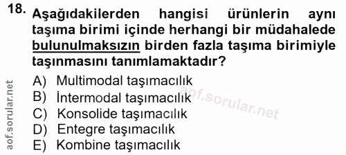 18. soru: Aşağıdakilerden hangisi ürünlerin aynı taşıma birimi içinde herhangi bir müdahalede bulunulmaksızın birden fazla taşı…