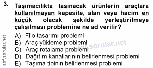 3. soru: Taşımacılıkta taşınacak ürünlerin araçlara kullanılmayan kapasite, alan veya hacim en küçük olacak şekilde yerleştiri…
