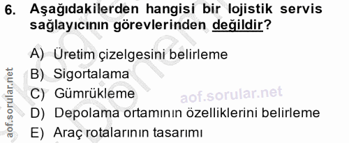 6. soru: Aşağıdakilerden hangisi bir lojistik servis sağlayıcının görevlerinden değildir? A) Üretim çizelgesini belirleme B) S…