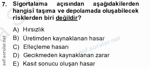 7. soru: Sigortalama açısından aşağıdakilerden hangisi taşıma ve depolamada oluşabilecek risklerden biri değildir? A) Hırsızlı…