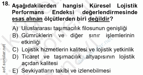 18. soru: Aşağıdakilerden hangisi Küresel Lojistik Performans Endeksi değerlendirmesinde esas alınan ölçütlerden biri değildir?…
