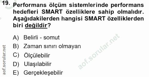 19. soru: Performans ölçüm sistemlerinde performans hedefleri SMART özelliklere sahip olmalıdır. Aşağıdakilerden hangisi SMART…
