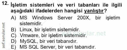 12. soru: İşletim sistemleri ve veri tabanları ile ilgili aşağıdaki ifadelerden hangisi yanlıştır? A) MS Windows Server 200X, b…