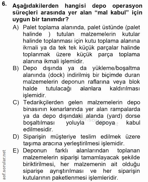 6. soru: Aşağıdakilerden hangisi depo operasyon süreçleri arasında yer alan "mal kabul" için uygun bir tanımdır? A) Palet topl…