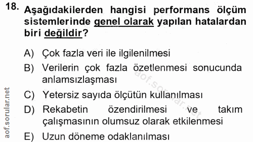 18. soru: Aşağıdakilerden hangisi performans ölçum sistemlerinde genel olarak yapılan hatalardan biri değildir? A) Çok fazla ve…