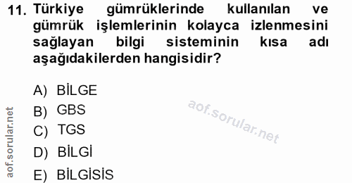 11. soru: Türkiye gümrüklerinde kullanılan ve gümrük işlemlerinin kolayca izlenmesini sağlayan bilgi sisteminin kisa adı aşağıd…