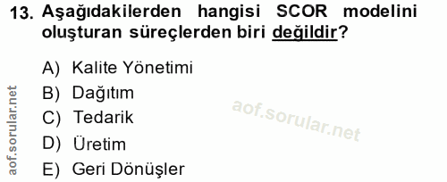 13. soru: Aşağıdakilerden hangisi SCOR modelini oluşturan süreçlerden biri değildir? A) Kalite Yönetimi B) Dağıtım C) Tedarik D…