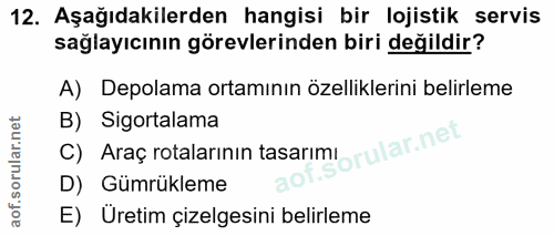 12. soru: Aşağıdakilerden hangisi bir lojistik servis sağlayıcının görevlerinden biri değildir? A) Depolama ortamının özellikle…