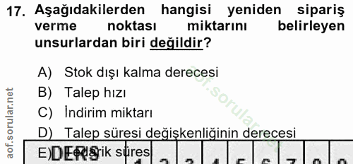 17. soru: Aşağıdakilerden hangisi yeniden sipariş verme noktası miktarını belirleyen unsurlardan biri değildir? A) Stok dışı ka…