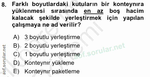 8. soru: Farklı boyutlardaki kutuların bir konteynıra yüklenmesi sırasında en az boş hacim kalacak şekilde yerleştirmek için y…