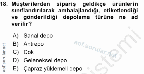 18. soru: Müşterilerden sipariş geldikçe ürünlerin sınıflandırılarak ambalajlandığı, etiketlendiği ve gönderildiği depolama tür…