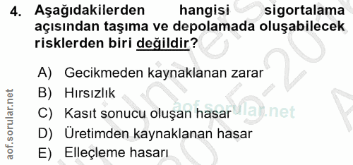 4. soru: Aşağıdakilerden hangisi sigortalama açısından taşıma ve depolamada oluşabilecek risklerden biri değildir? A) Gecikmed…