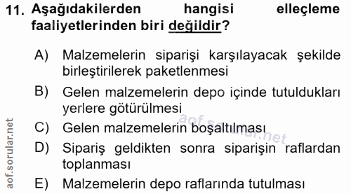 11. soru: Aşağıdakilerden hangisi elleçleme faaliyetlerinden biri değildir? A) Malzemelerin siparişi karşılayacak şekilde birle…