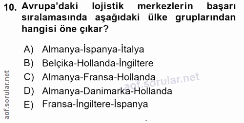 10. soru: Avrupa'daki lojistik merkezlerin başarı sıralamasında aşağıdaki ülke gruplarından hangisi öne çıkar? A) Almanya-Ispan…
