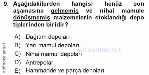 9. soru: Aşağıdakilerden hangisi henüz son aşamasına gelmemiş ve nihai mamule dönüşmemiş malzemelerin stoklandığı depo tipleri…