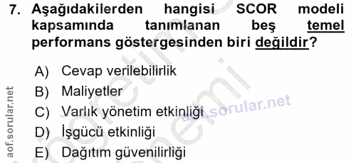 7. soru: Aşağıdakilerden hangisi SCOR modeli kapsamında tanımlanan beş temel performans göstergesinden biri değildir? A) Cevap…