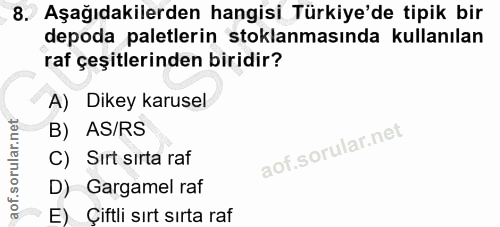 8. soru: Aşağıdakilerden hangisi Türkiye'de tipik bir depoda paletlerin stoklanmasında kullanılan raf çeşitlerinden biridir? A…