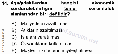 14. soru: Aşağıdakilerden hangisi ekonomik sürdürülebilirliğin temel sorumluluk alanlarından biri değildir? A) Maliyetlerin aza…
