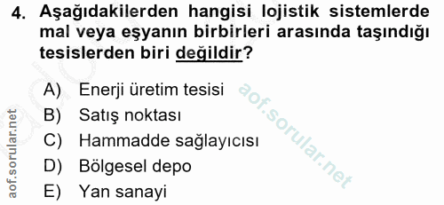 4. soru: Aşağıdakilerden hangisi lojistik sistemlerde mal veya eşyanın birbirleri arasında taşındığı tesislerden biri değildir…