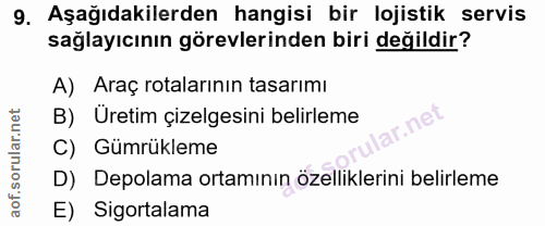 9. soru: Aşağıdakilerden hangisi bir lojistik servis sağlayıcının görevlerinden biri değildir? A) Araç rotalarının tasarımı B)…