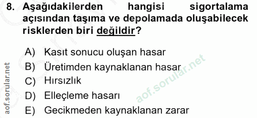 8. soru: Aşağıdakilerden hangisi sigortalama açısından taşıma ve depolamada oluşabilecek risklerden biri değildir? A) Kasıt so…