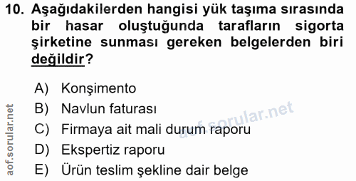 10. soru: Aşağıdakilerden hangisi yük taşıma sırasında bir hasar oluştuğunda tarafların sigorta şirketine sunması gereken belge…
