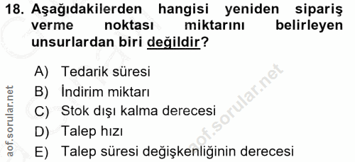 18. soru: Aşağıdakilerden hangisi yeniden sipariş verme noktası miktarını belirleyen unsurlardan biri değildir? A) Tedarik süre…