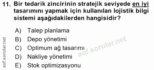 11. soru: Bir tedarik zincirinin stratejik seviyede en iyi tasarımını yapmak için kullanılan lojistik bilgi sistemi aşağıdakile…