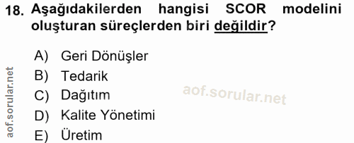 18. soru: Aşağıdakilerden hangisi SCOR modelini oluşturan süreçlerden biri değildir? A) Geri Dönüşler B) Tedarik C) Dağıtım D)…