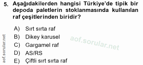 5. soru: Aşağıdakilerden hangisi Türkiye'de tipik bir depoda paletlerin stoklanmasında kullanılan raf çeşitlerinden biridir? A…