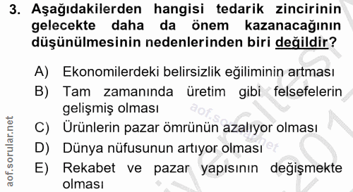 3. soru: Aşağıdakilerden hangisi tedarik zincirinin gelecekte daha da önem kazanacağının düşünülmesinin nedenlerinden biri değ…