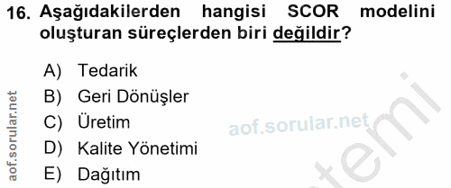 16. soru: Aşağıdakilerden hangisi SCOR modelini oluşturan süreçlerden biri değildir? A) Tedarik B) Geri Dönüşler C) Üretim D) K…