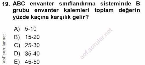 19. soru: ABC envanter sınıflandırma sisteminde B grubu envanter kalemleri toplam değerin yüzde kaçına karşılık gelir? A) 5-10…