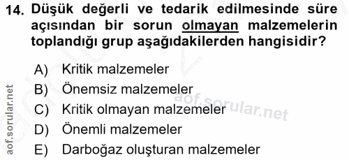 14. soru: Düşük değerli ve tedarik edilmesinde süre açısından bir sorun olmayan malzemelerin toplandığı grup aşağıdakilerden ha…