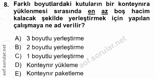 8. soru: Farklı boyutlardaki kutuların bir konteynıra yüklenmesi sırasında en az boş hacim kalacak şekilde yerleştirmek için y…