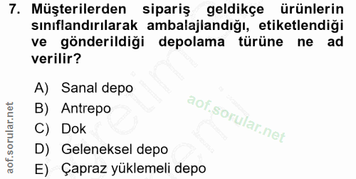 7. soru: Müşterilerden sipariş geldikçe ürünlerin sınıflandırılarak ambalajlandığı, etiketlendiği ve gönderildiği depolama tür…