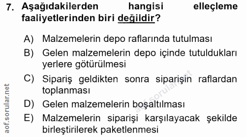 7. soru: Aşağıdakilerden hangisi elleçleme faaliyetlerinden biri değildir? A) Malzemelerin depo raflarında tutulması B) Gelen…