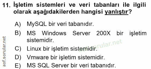 11. soru: İşletim sistemleri ve veri tabanları ile ilgili olarak aşağıdakilerden hangisi yanlıştır? A) MySQL bir veri tabanıdır…