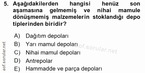 5. soru: Aşağıdakilerden hangisi henüz son aşamasına gelmemiş ve nihai mamule dönüşmemiş malzemelerin stoklandığı depo tipleri…