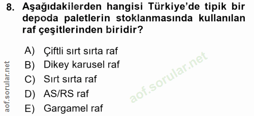 8. soru: Aşağıdakilerden hangisi Türkiye'de tipik bir depoda paletlerin stoklanmasında kullanılan raf çeşitlerinden biridir? A…