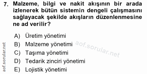 7. soru: Malzeme, bilgi ve nakit akışının bir arada izlenerek bütün sistemin dengeli çalışmasını sağlayacak şekilde akışların…