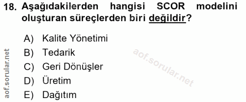 18. soru: Aşağıdakilerden hangisi SCOR modelini oluşturan süreçlerden biri değildir? A) Kalite Yönetimi B) Tedarik C) Geri Dönü…