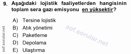 9. soru: Aşağıdaki lojistik faaliyetlerden hangisinin toplam sera gazı emisyonu en yüksektir? A) Tersine lojistik B) Atık yöne…