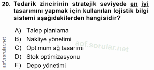 20. soru: Tedarik zincirinin stratejik seviyede en iyi tasarımını yapmak için kullanılan lojistik bilgi sistemi aşağıdakilerden…