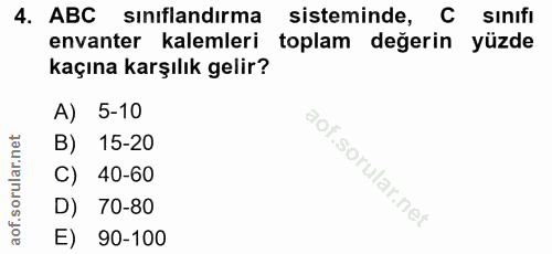 4. soru: ABC sınıflandırma sisteminde, C sınıfı envanter kalemleri toplam değerin yüzde kaçına karşılık gelir? A) 5-10 B) 15-2…