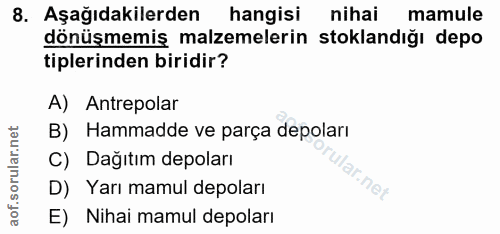 8. soru: Aşağıdakilerden hangisi nihai mamule dönüşmemiş malzemelerin stoklandığı depo tiplerinden biridir? A) Antrepolar B) H…