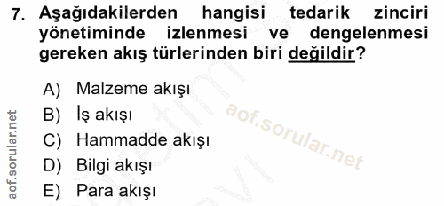 7. soru: Aşağıdakilerden hangisi tedarik zinciri yönetiminde izlenmesi ve dengelenmesi gereken akış türlerinden biri değildir?…