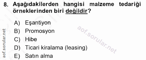 8. soru: Aşağıdakilerden hangisi malzeme tedariği örneklerinden biri değildir? A) Eşantiyon B) Promosyon C) Hibe lar.net D) Ti…