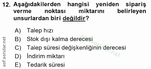12. soru: Aşağıdakilerden hangisi yeniden sipariş verme noktasi miktarını belirleyen unsurlardan biri değildir? A) Talep hızı B…