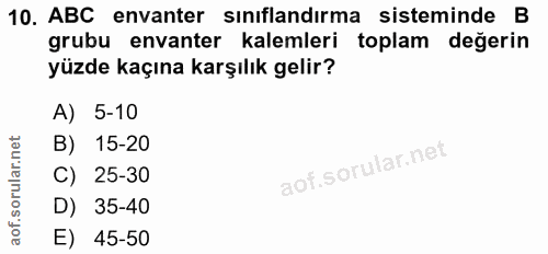 10. soru: ABC envanter sınıflandırma sisteminde B grubu envanter kalemleri toplam degerin yüzde kaçına karşılık gelir? A) 5-10…